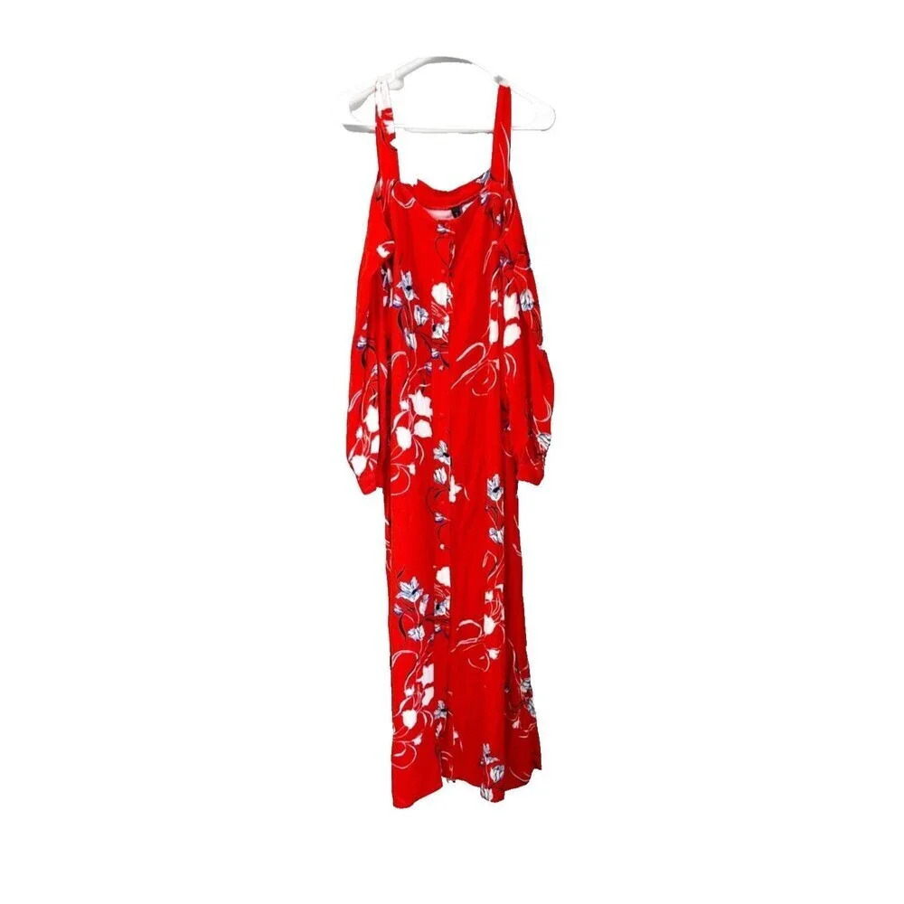 Yas Womens Red Maxi Dress Large Bluebells LS Ancle Floral Cold Shoulder - Picture 2 of 12